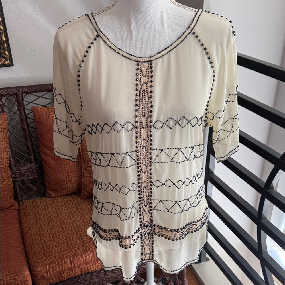 Beaded Cream Women's Blouse with Black Embellishment